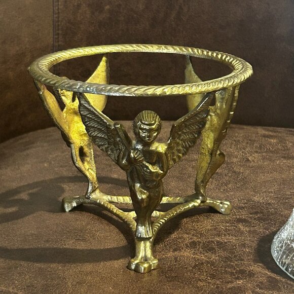 Vintage 3 Leg Brass Cherubs Cupid Pedestal Stand With Crackle Glass Bowl - Picture 9 of 16